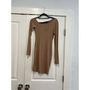 Salty | Long Sleeved Beige Dress w/Asymetrical Neckline